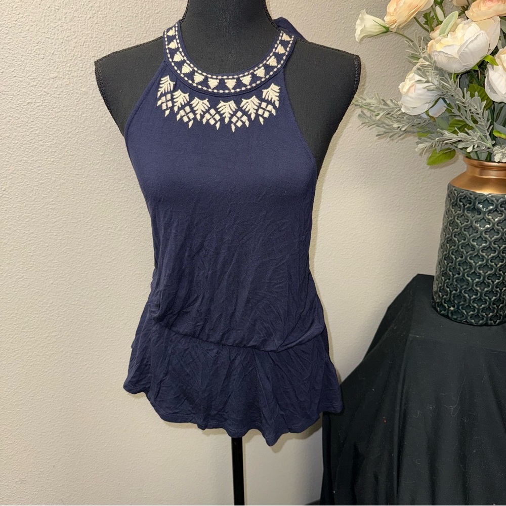Papaya Navy Embroidered Halter Peplum Top Boho Festival Summer Tank M - Picture 1 of 7